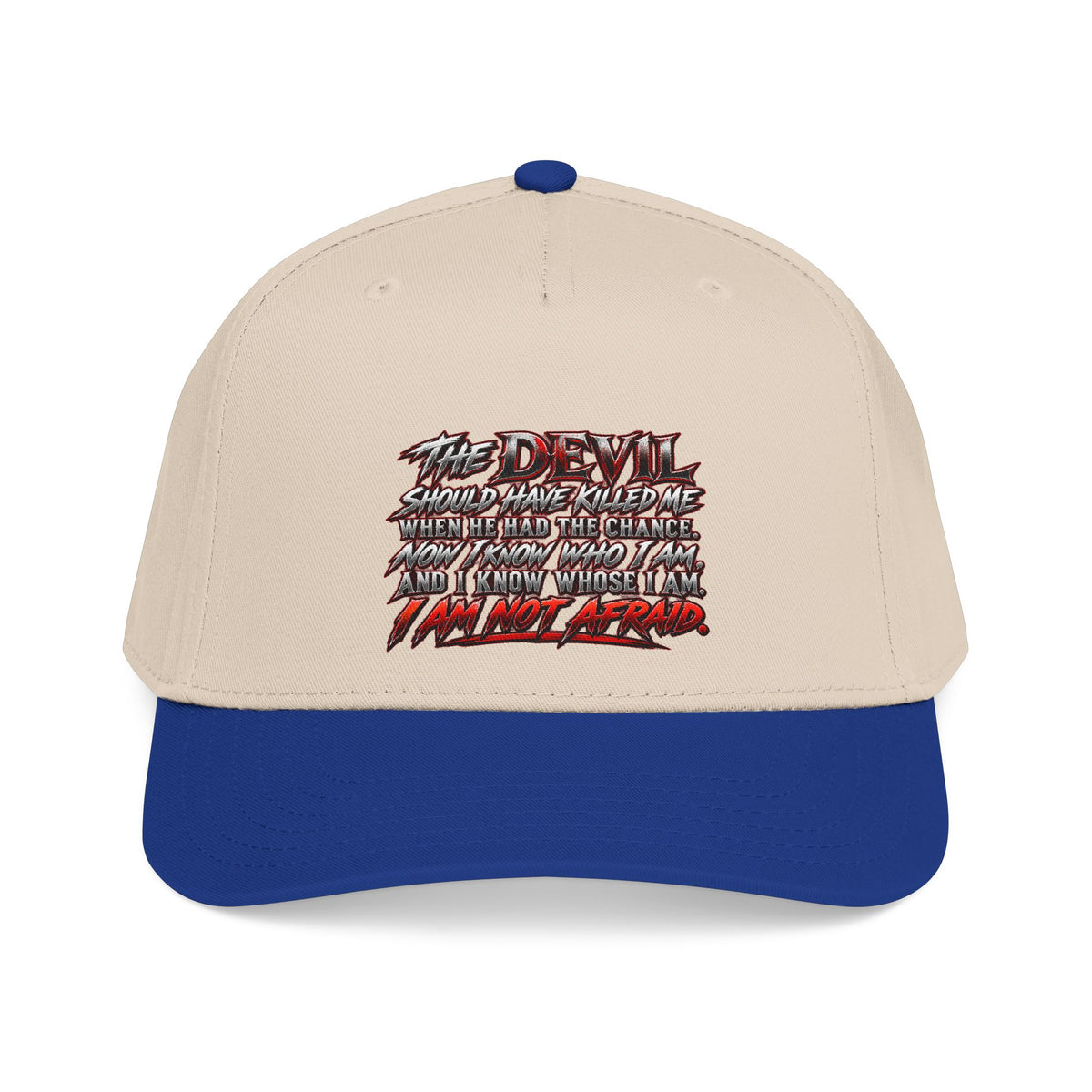 Devil Quote Baseball Cap — Graphic Mid-Profile Hat with Distressed Red Text