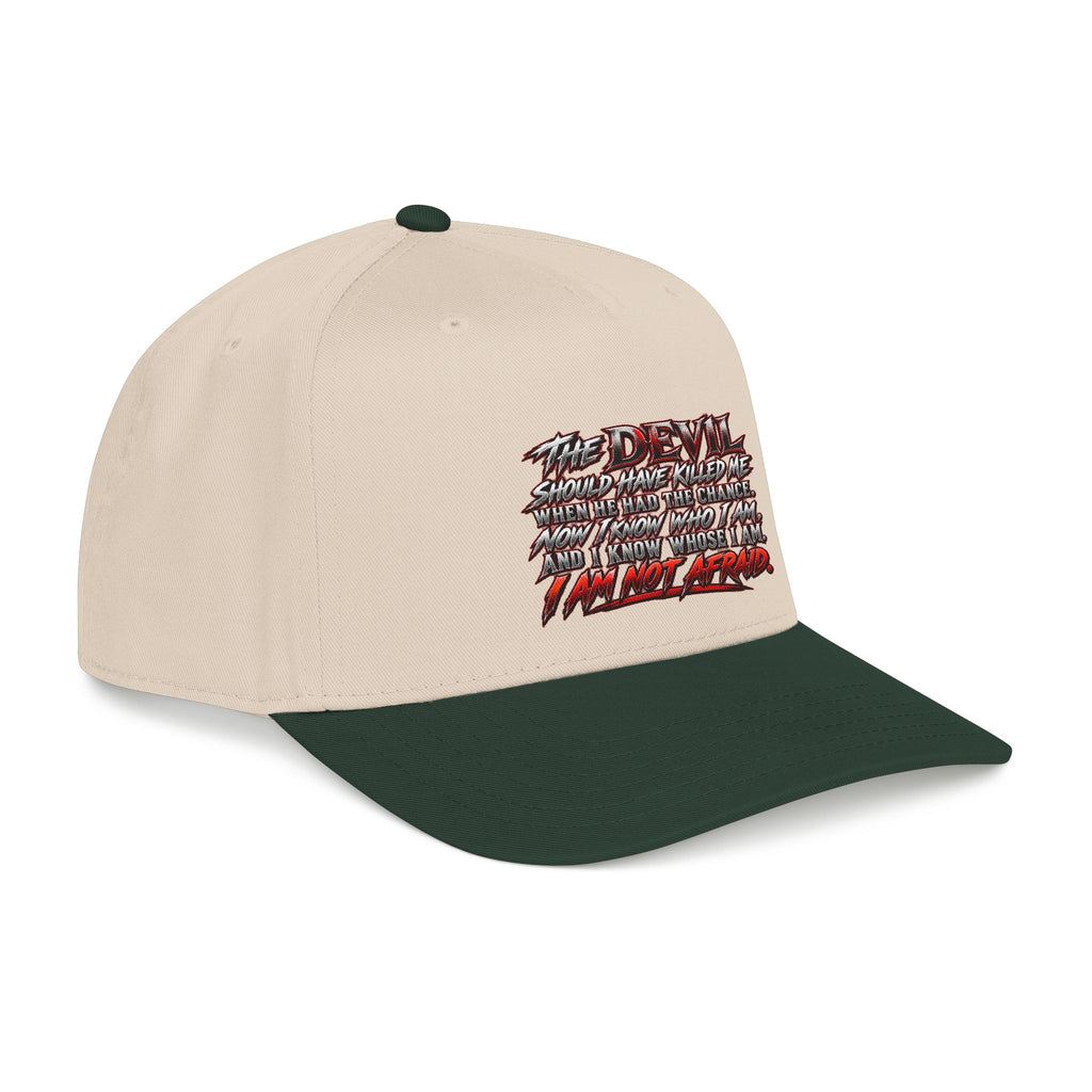 Devil Quote Baseball Cap — Graphic Mid-Profile Hat with Distressed Red Text