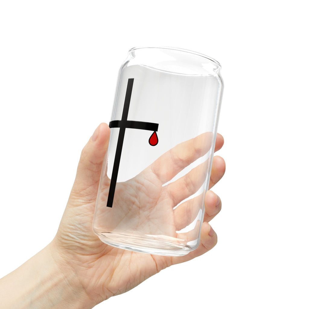 Minimalist Black Cross with Red Teardrop Sipper Glass