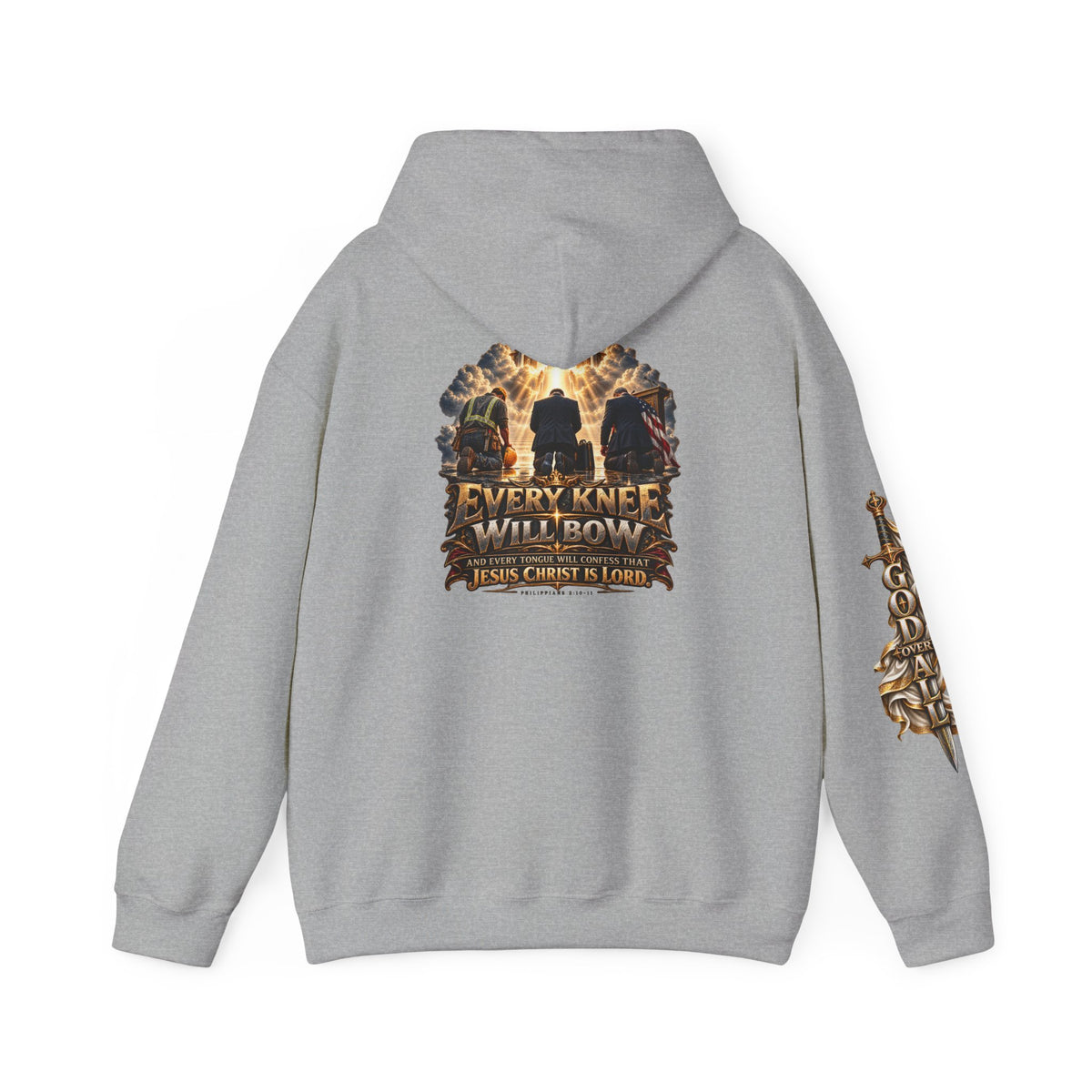 Religious Hoodie — “Every Knee Will Bow / One God, One Salvation” Christian Pullover