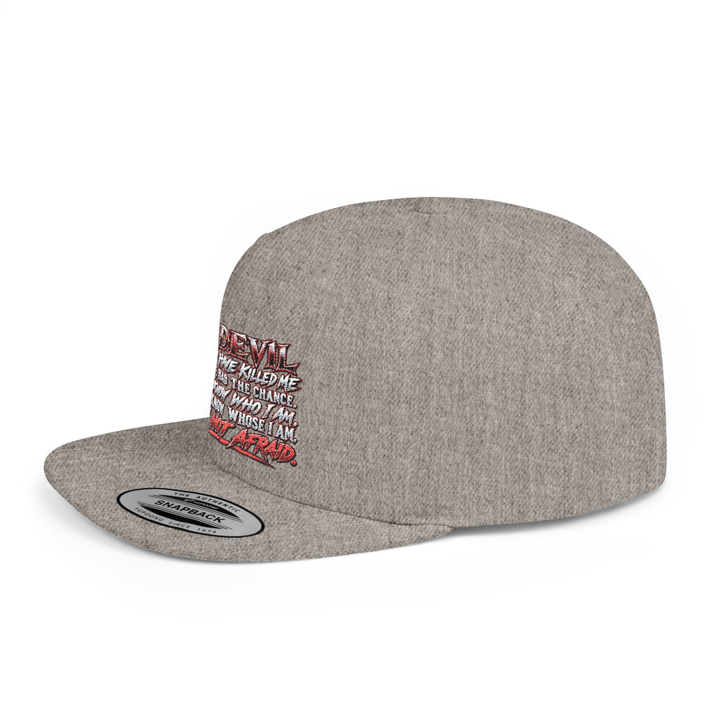Flat Bill Snapback Hat — White Graphic 'The Devil' Script Streetwear Cap