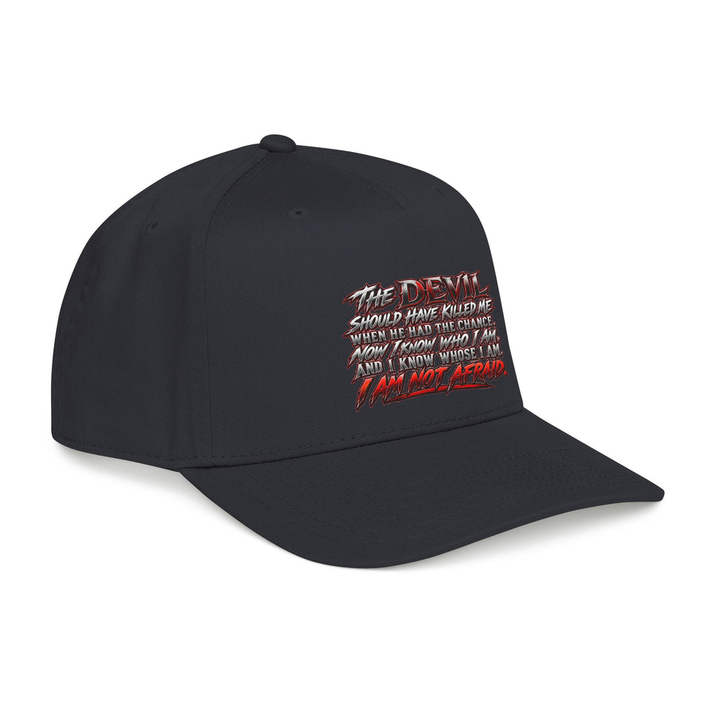 Devil Quote Baseball Cap — Graphic Mid-Profile Hat with Distressed Red Text