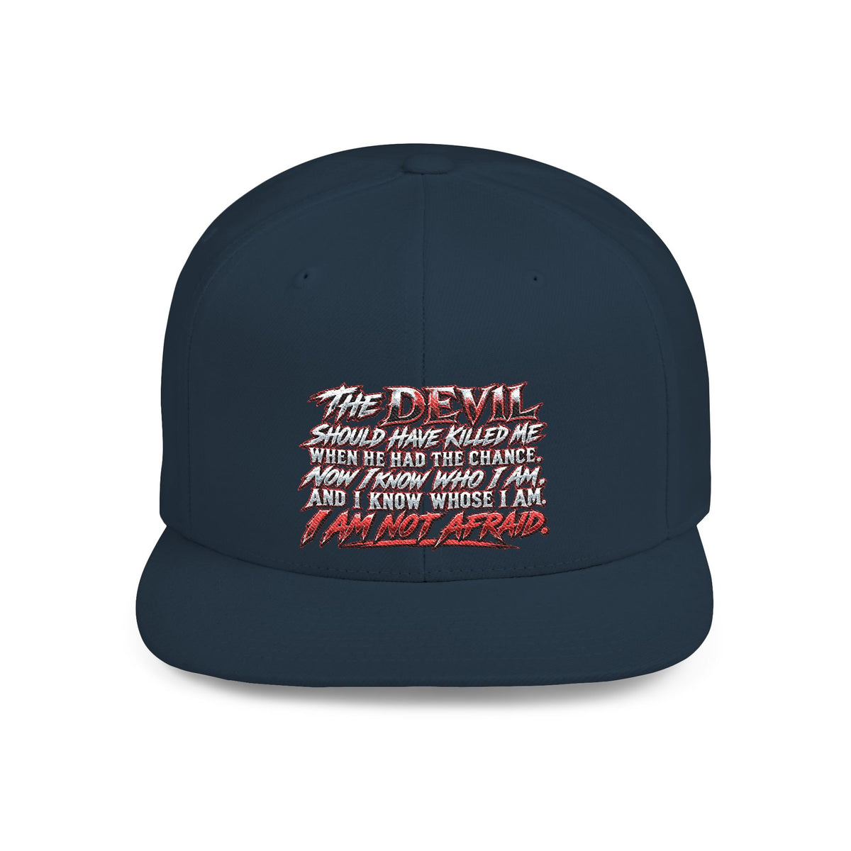 Flat Bill Snapback Hat — White Graphic 'The Devil' Script Streetwear Cap