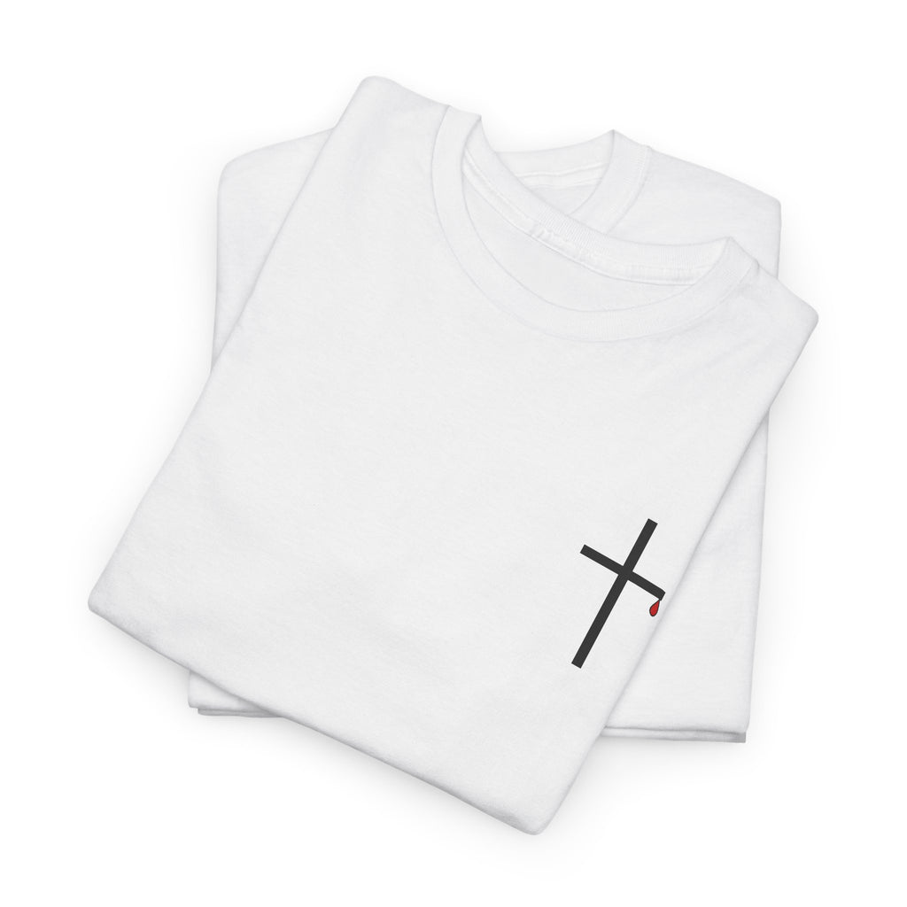 The Last Trumpet Christian T-Shirt — Chest Cross and Sleeve Patch