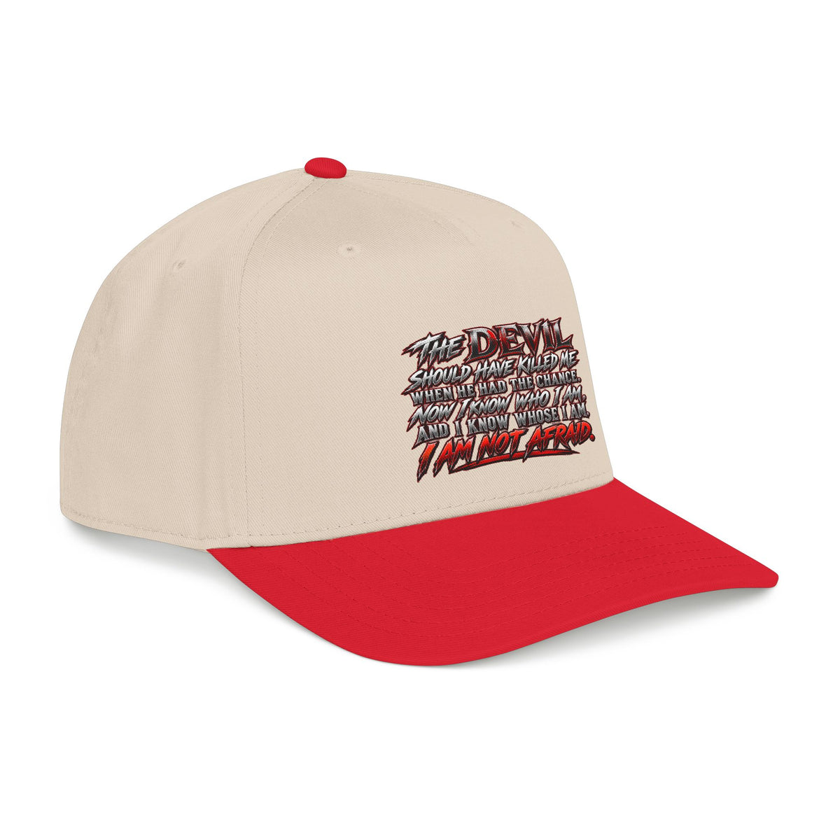 Devil Quote Baseball Cap — Graphic Mid-Profile Hat with Distressed Red Text