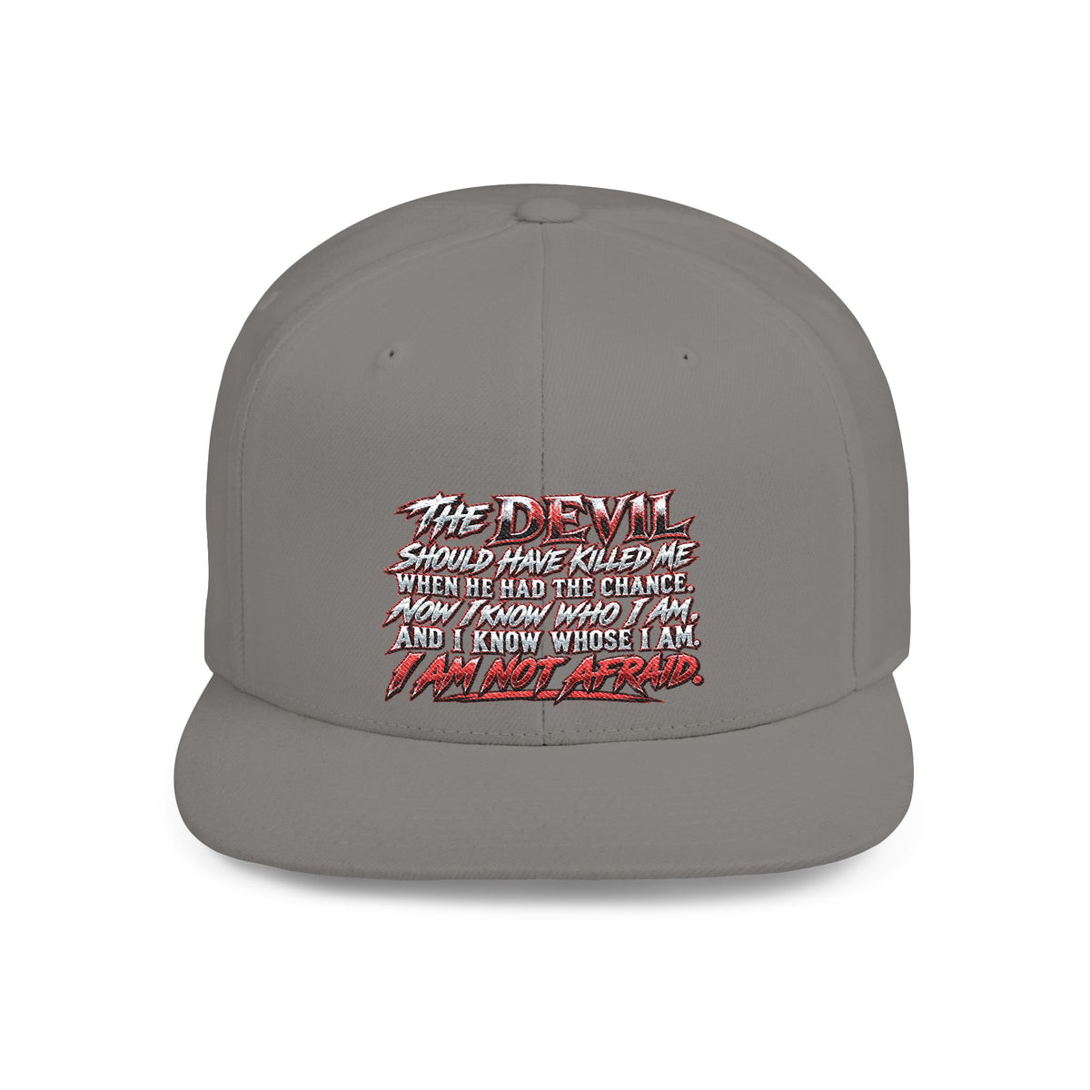 Flat Bill Snapback Hat — White Graphic 'The Devil' Script Streetwear Cap