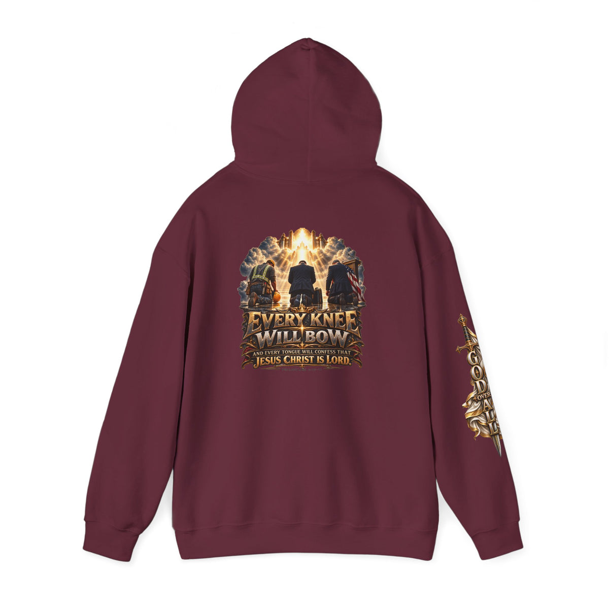 Religious Hoodie — “Every Knee Will Bow / One God, One Salvation” Christian Pullover