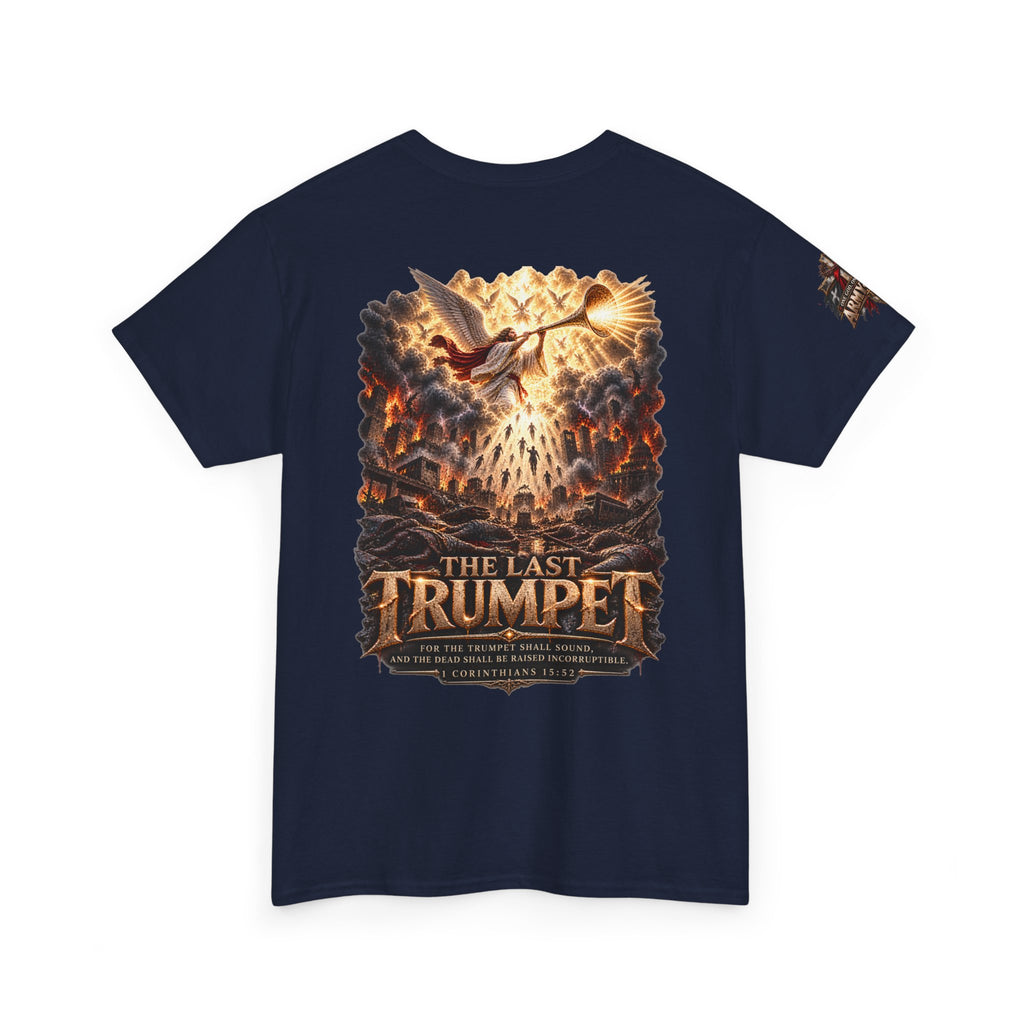 The Last Trumpet Christian T-Shirt — Chest Cross and Sleeve Patch