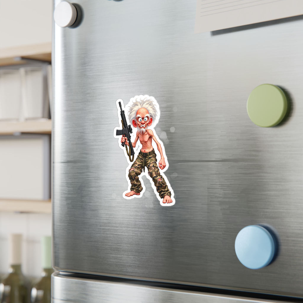 Grizzled Soldier Cartoon Sticker — Kiss-Cut Vinyl Decal of Wild Elder with Rifle