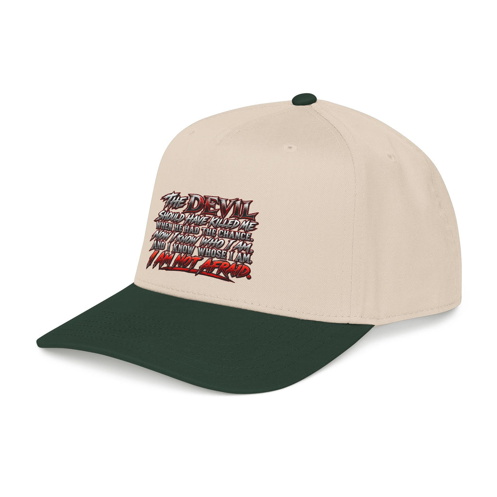 Devil Quote Baseball Cap — Graphic Mid-Profile Hat with Distressed Red Text
