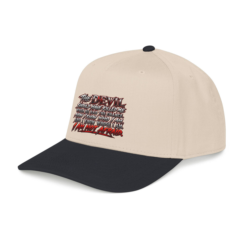 Devil Quote Baseball Cap — Graphic Mid-Profile Hat with Distressed Red Text
