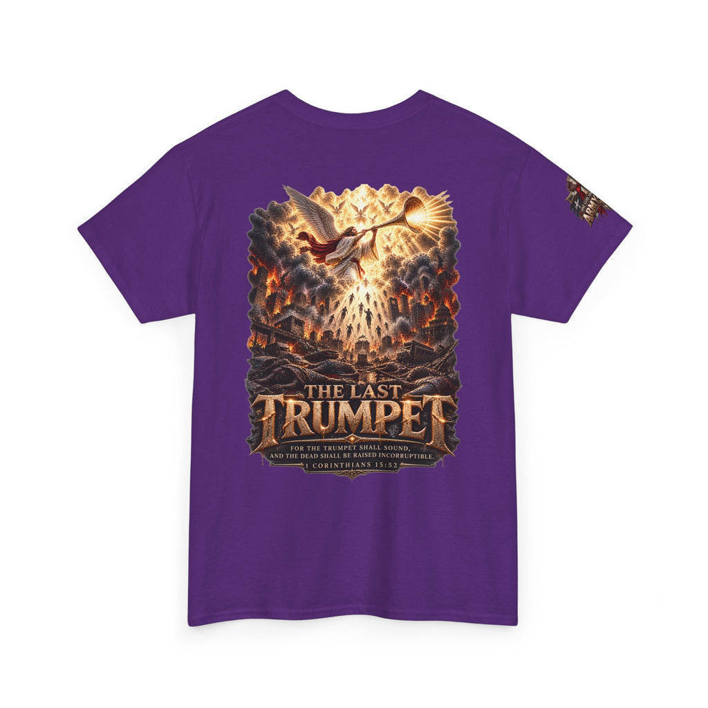 The Last Trumpet Christian T-Shirt — Chest Cross and Sleeve Patch
