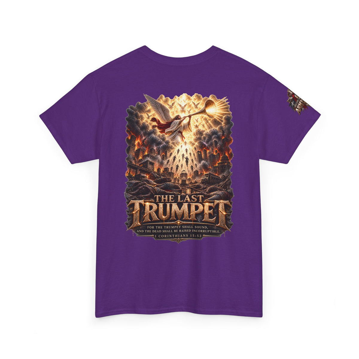 The Last Trumpet Christian T-Shirt — Chest Cross and Sleeve Patch