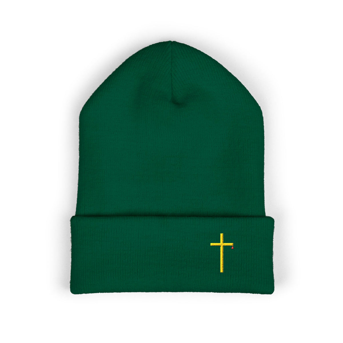 Embroidered Gold Cross Cuffed Beanie — Minimal Faith Winter Hat