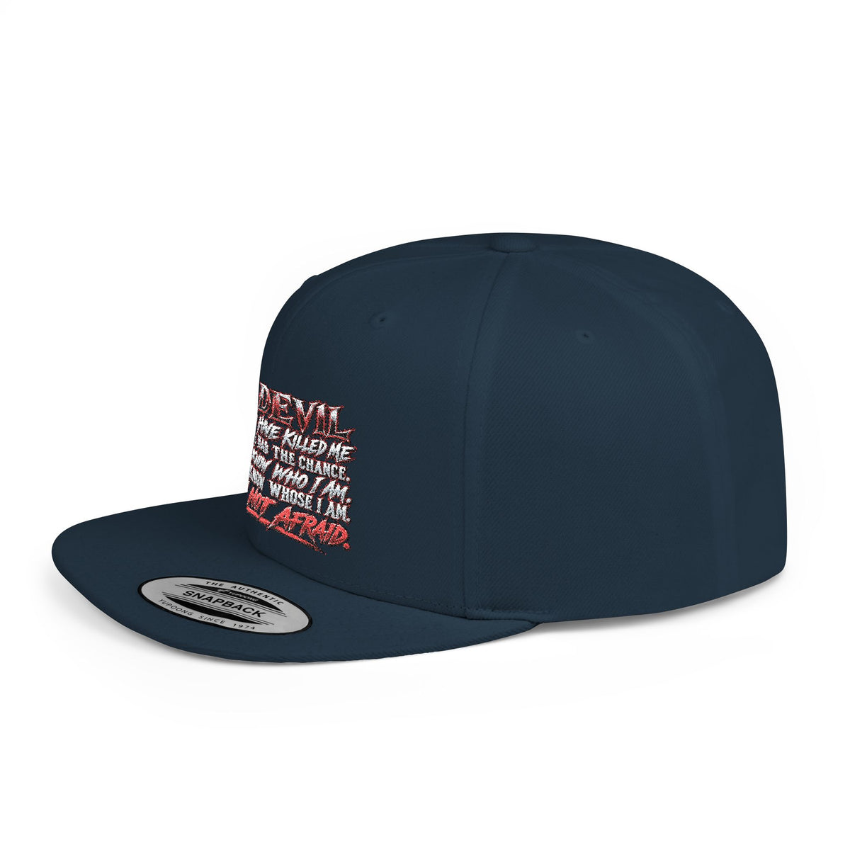 Flat Bill Snapback Hat — White Graphic 'The Devil' Script Streetwear Cap