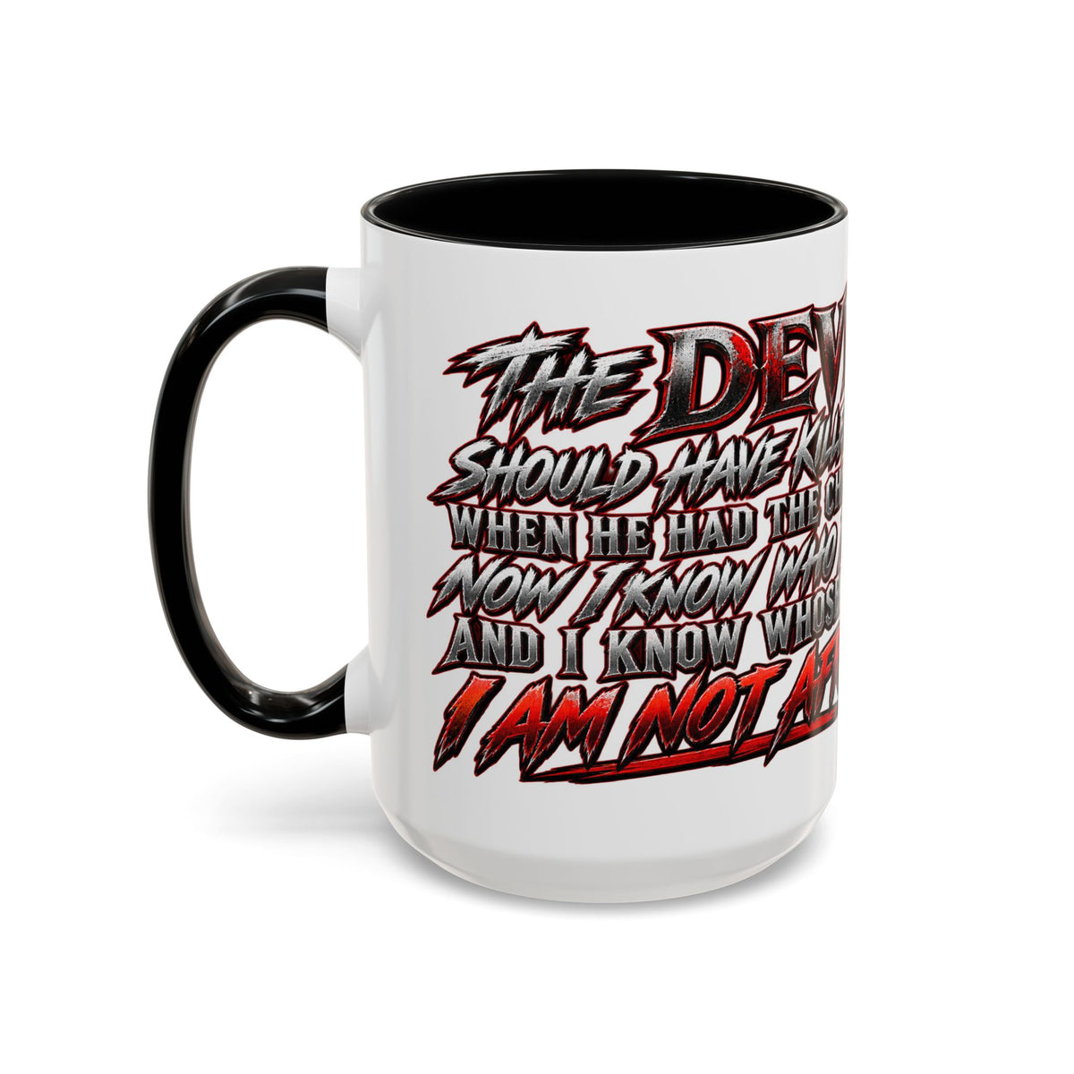 Christian Faith Mug – “Evil Never Killed Me” Cross Coffee Mug
