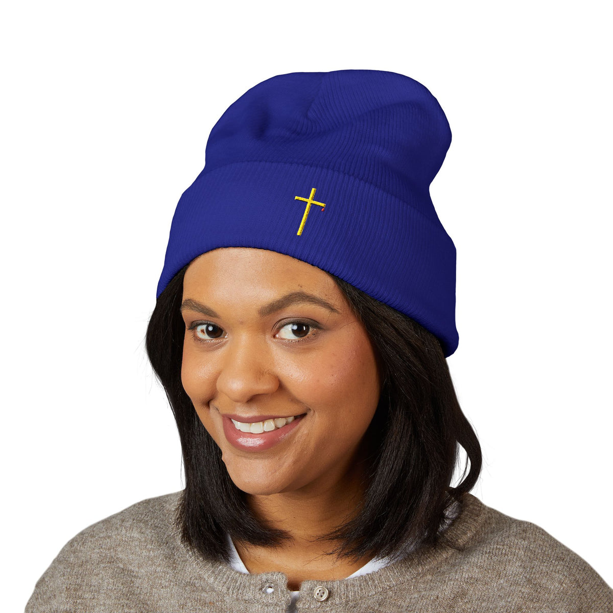 Embroidered Gold Cross Cuffed Beanie — Minimal Faith Winter Hat