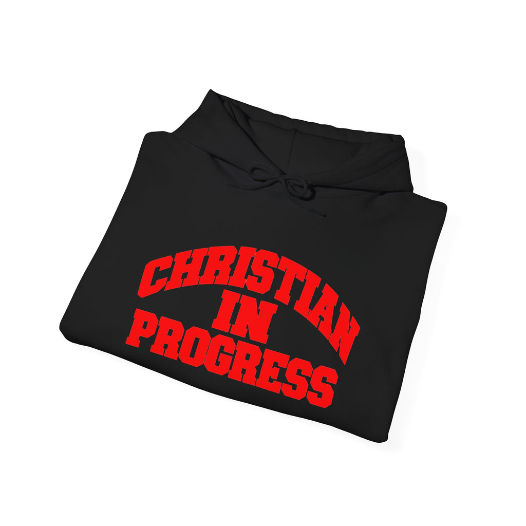 Christian in Progress hoodie | Faith graphic sweatshirt, colorful back print