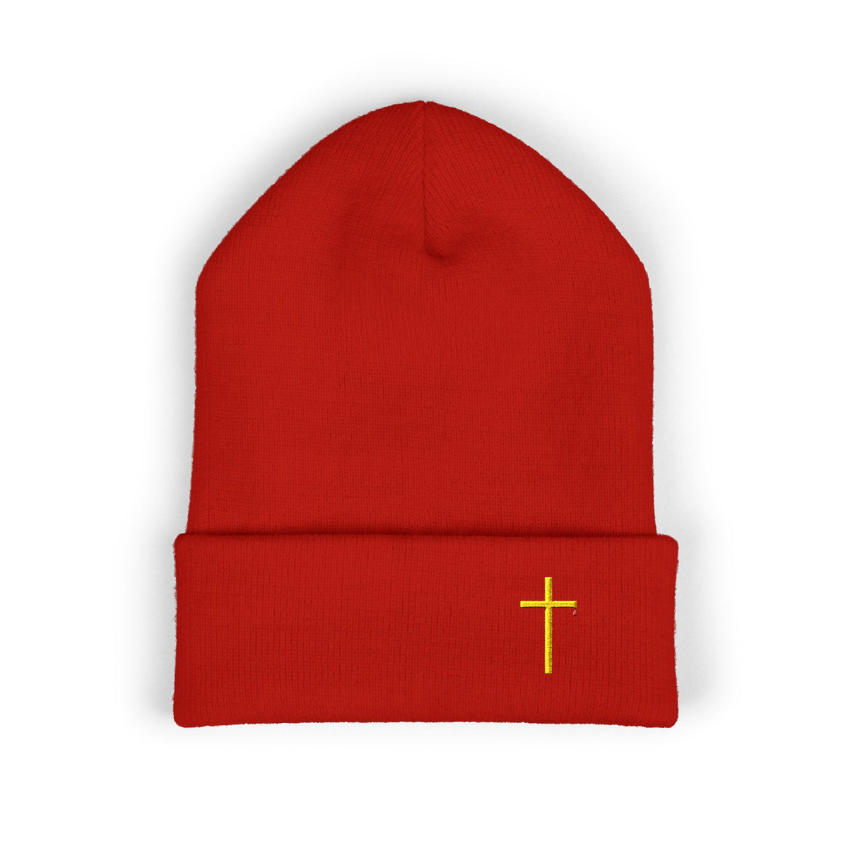 Embroidered Gold Cross Cuffed Beanie — Minimal Faith Winter Hat