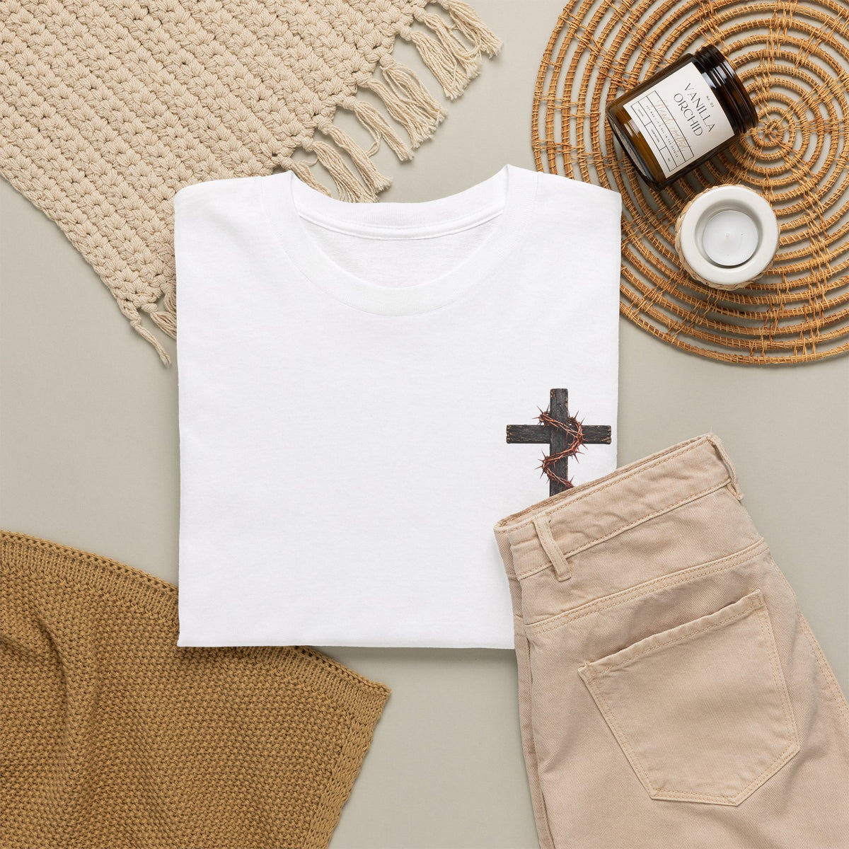 Christian Cross Chest Tee — Small Floral Cross T-Shirt