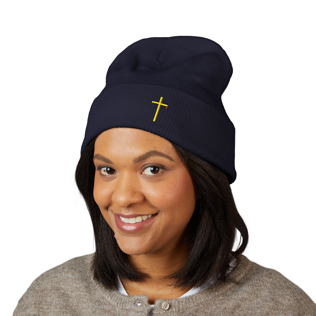 Embroidered Gold Cross Cuffed Beanie — Minimal Faith Winter Hat
