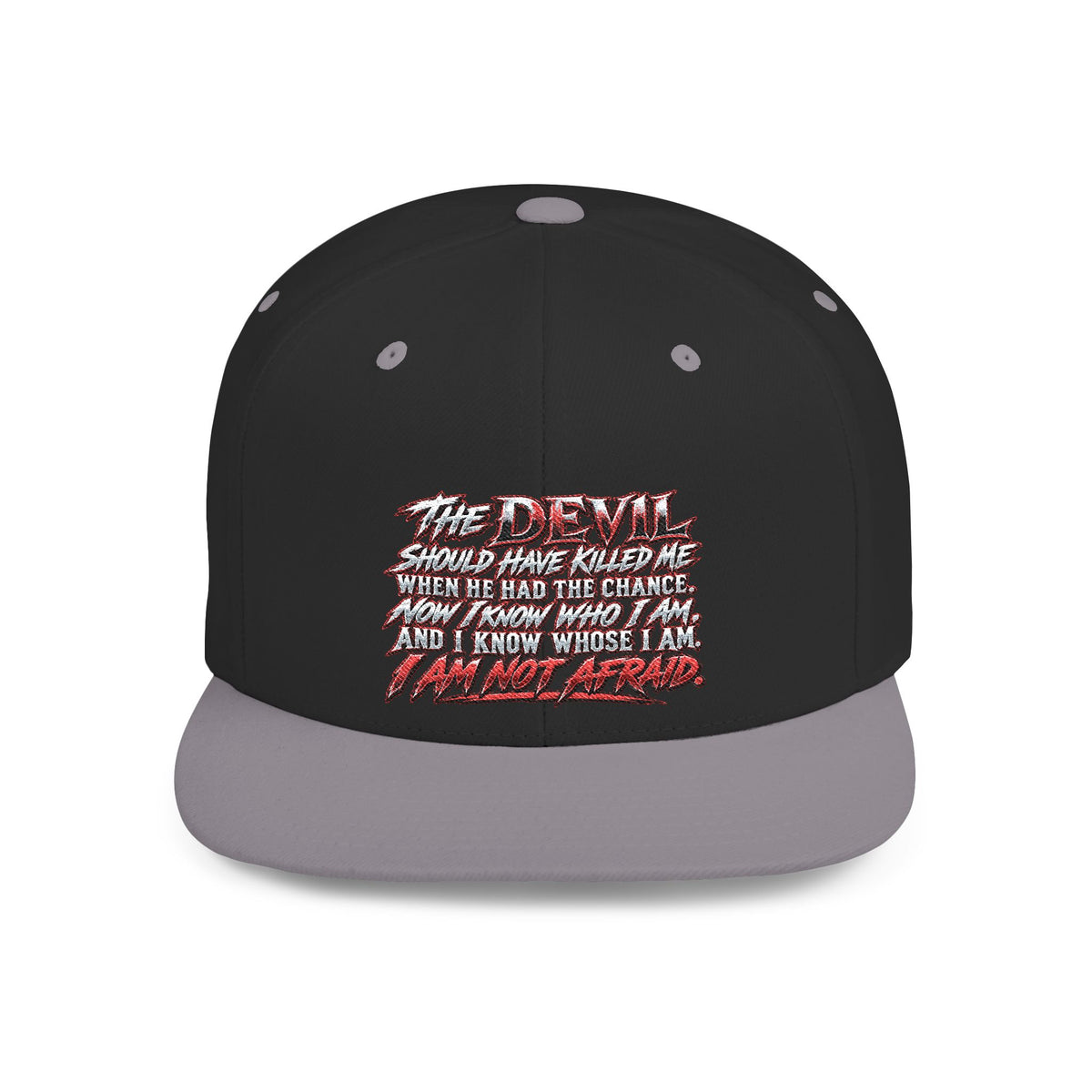 Flat Bill Snapback Hat — White Graphic 'The Devil' Script Streetwear Cap