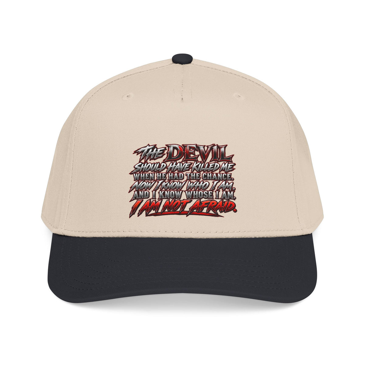 Devil Quote Baseball Cap — Graphic Mid-Profile Hat with Distressed Red Text