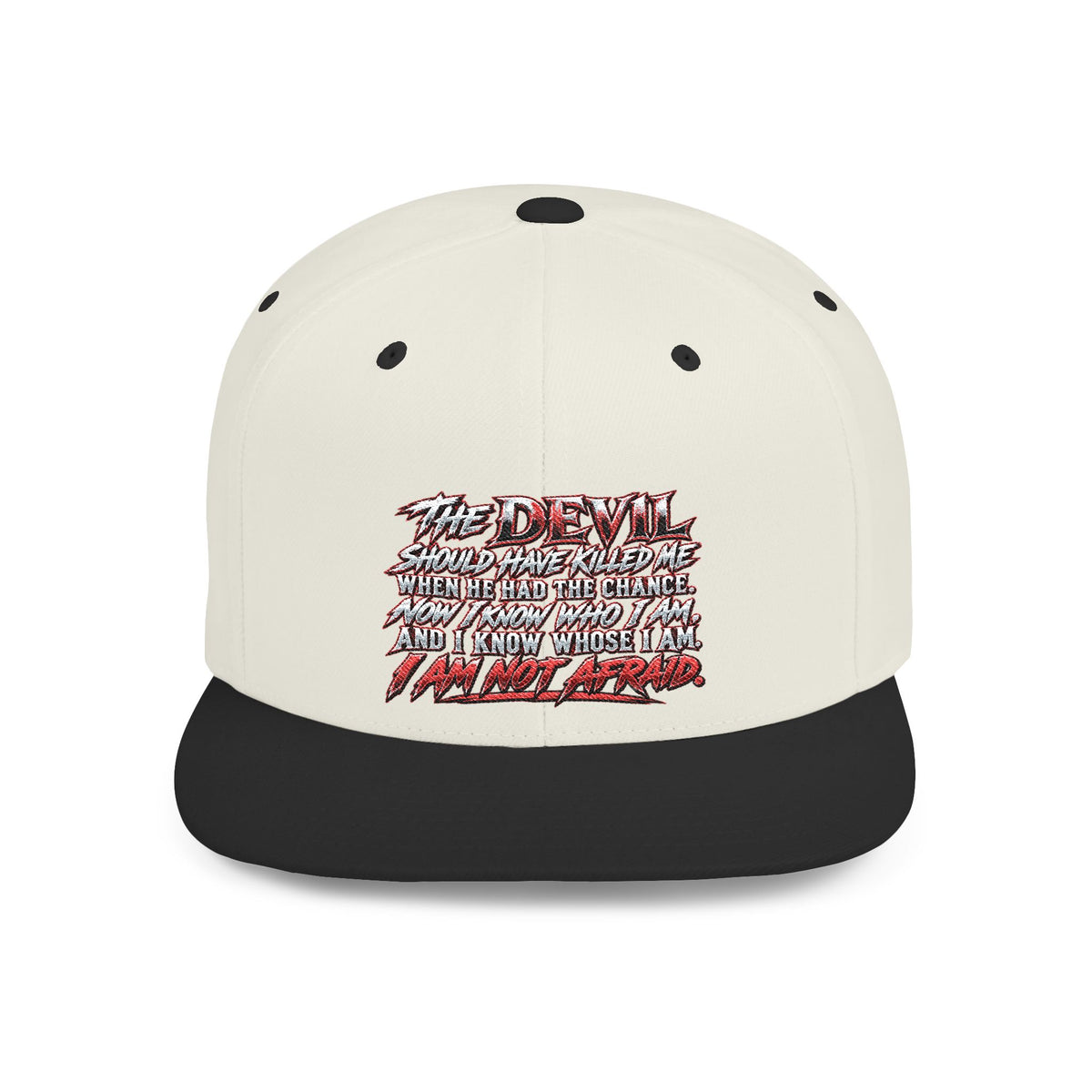 Flat Bill Snapback Hat — White Graphic 'The Devil' Script Streetwear Cap