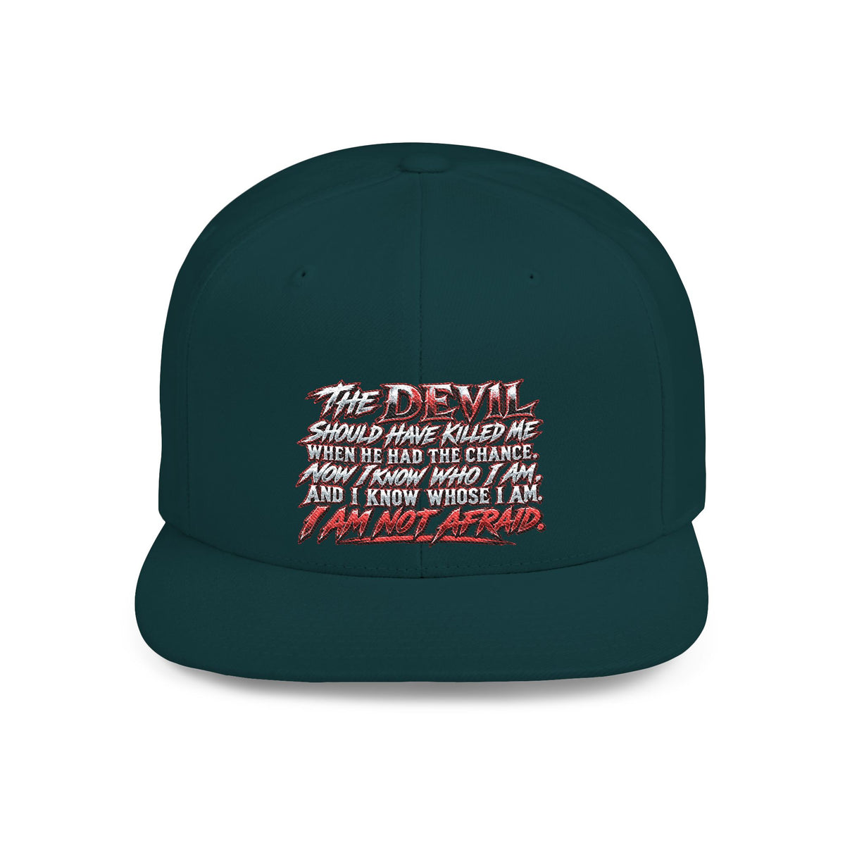 Flat Bill Snapback Hat — White Graphic 'The Devil' Script Streetwear Cap