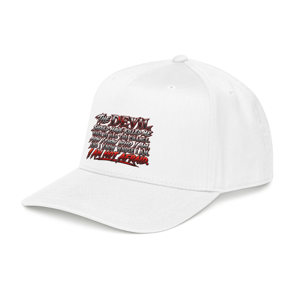Devil Quote Baseball Cap — Graphic Mid-Profile Hat with Distressed Red Text