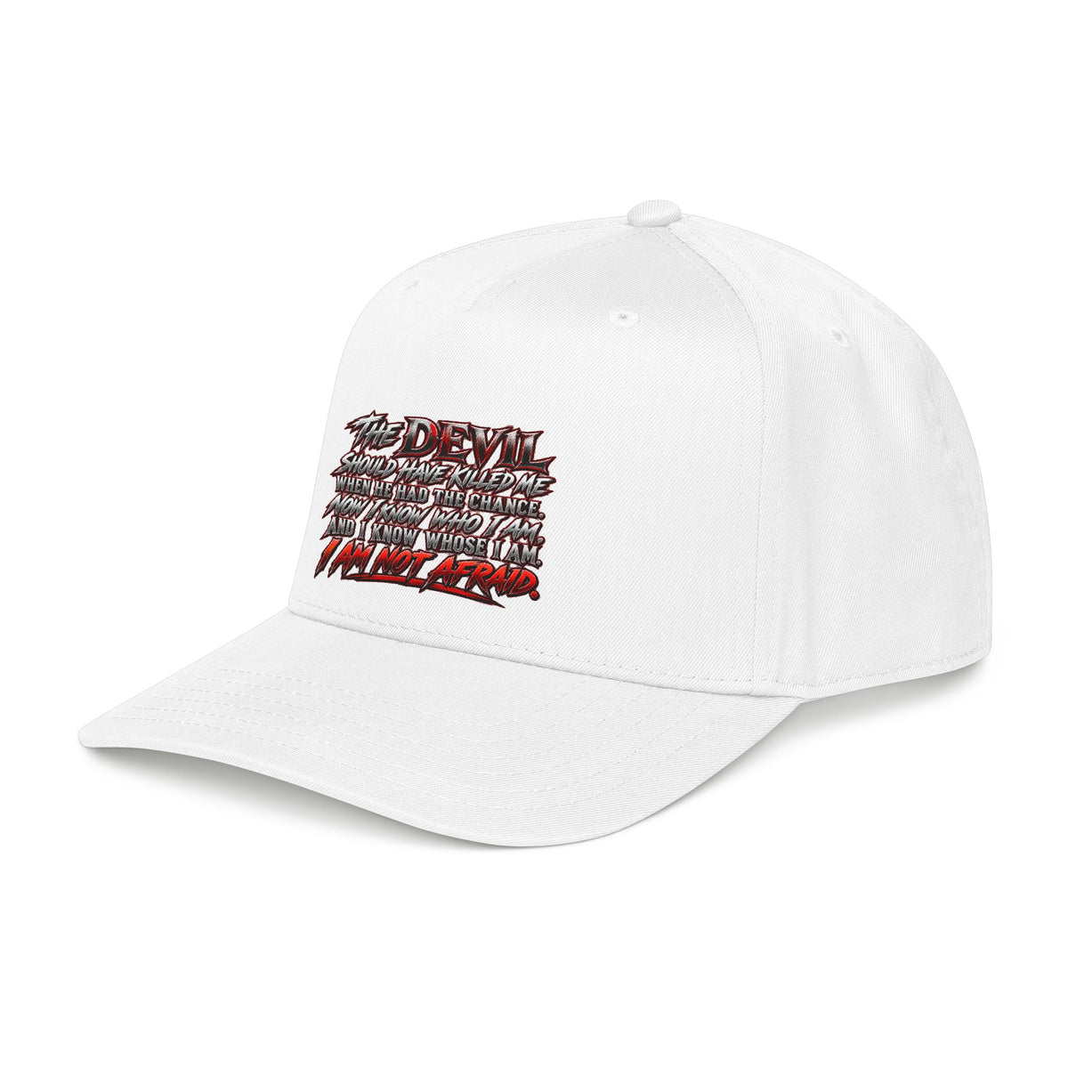 Devil Quote Baseball Cap — Graphic Mid-Profile Hat with Distressed Red Text