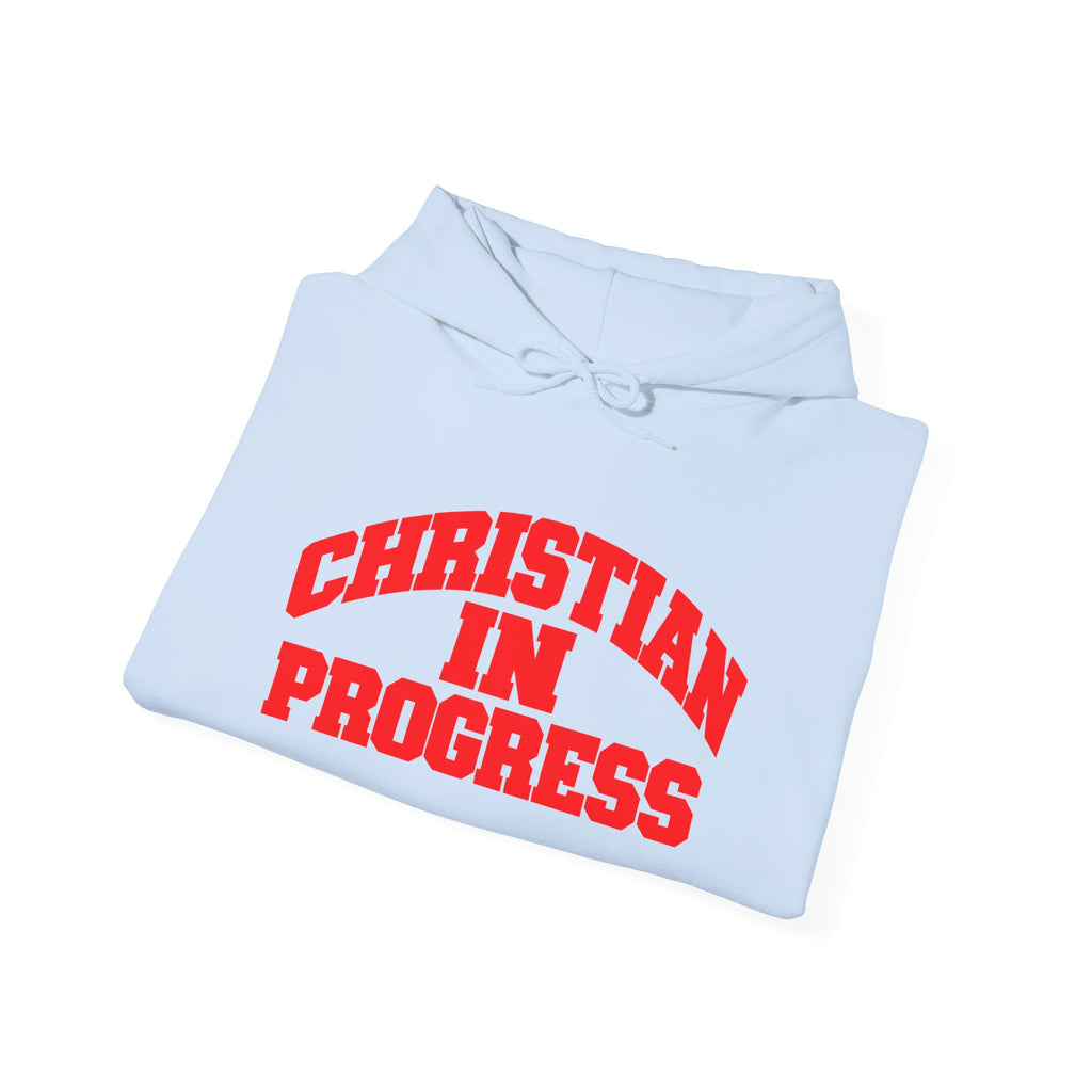 Christian in Progress hoodie | Faith graphic sweatshirt, colorful back print