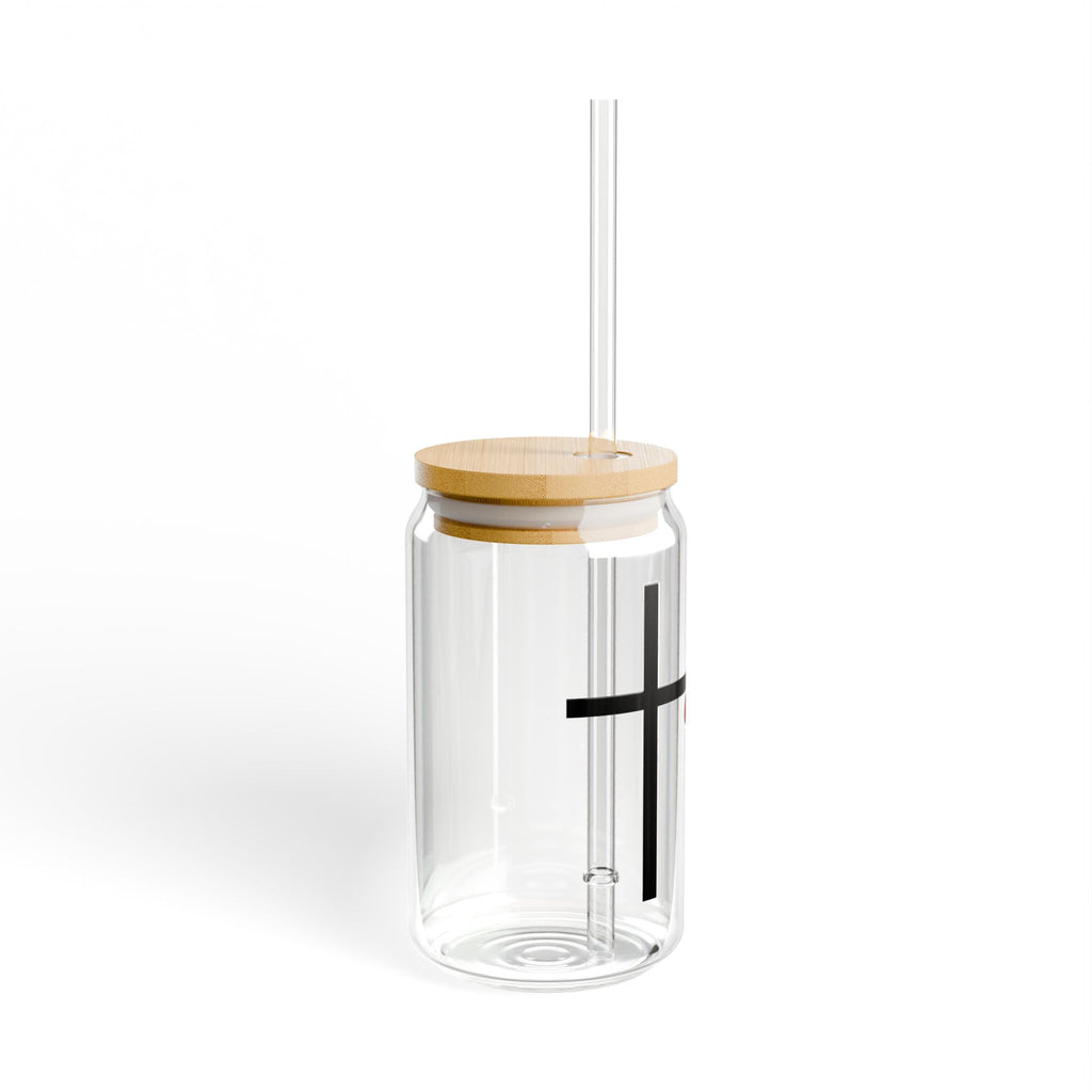 Minimalist Black Cross with Red Teardrop Sipper Glass