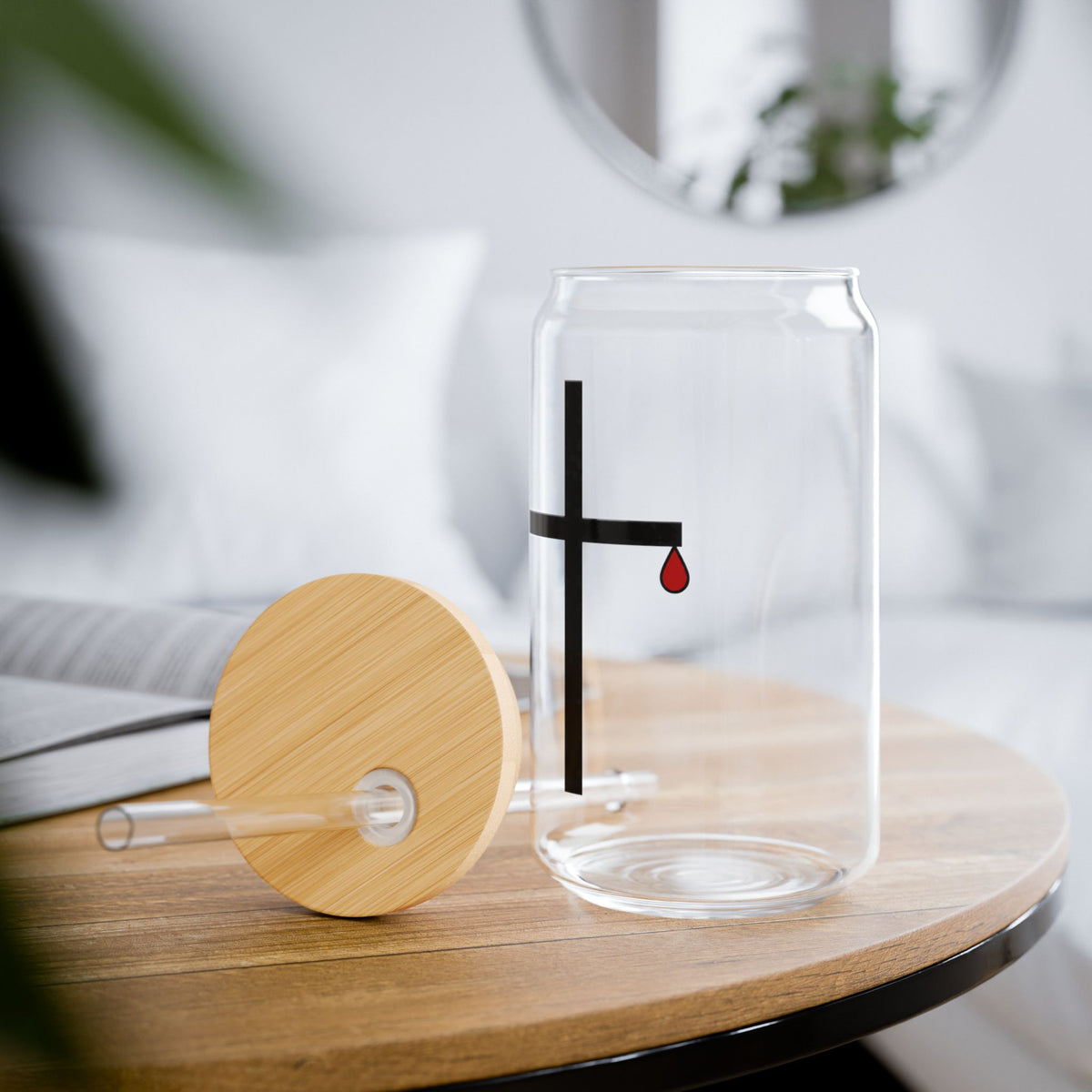 Minimalist Black Cross with Red Teardrop Sipper Glass