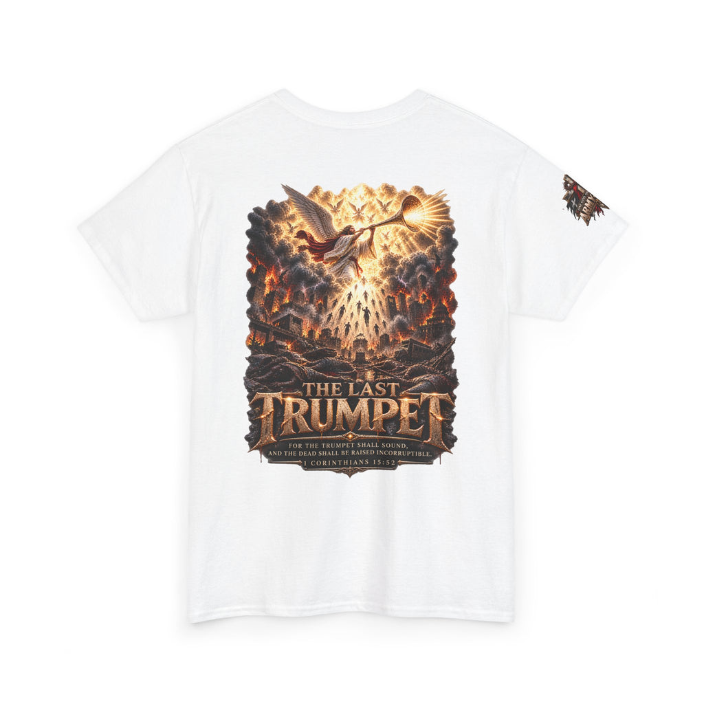 The Last Trumpet Christian T-Shirt — Chest Cross and Sleeve Patch