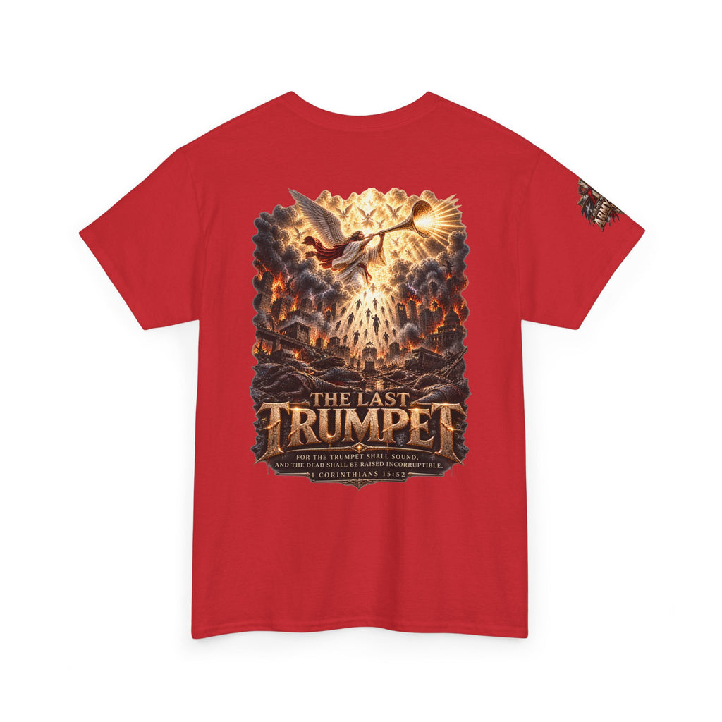 The Last Trumpet Christian T-Shirt — Chest Cross and Sleeve Patch