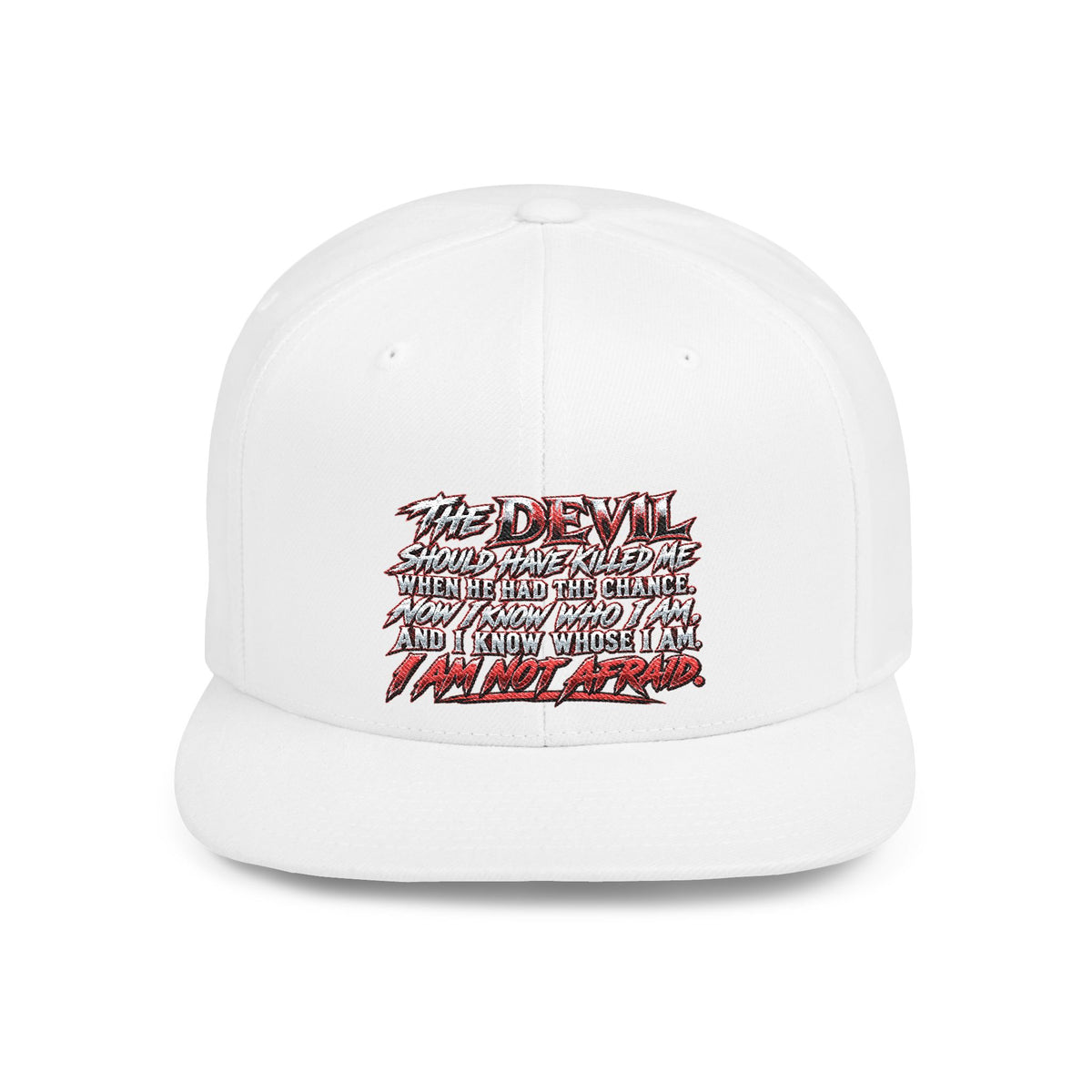 Flat Bill Snapback Hat — White Graphic 'The Devil' Script Streetwear Cap