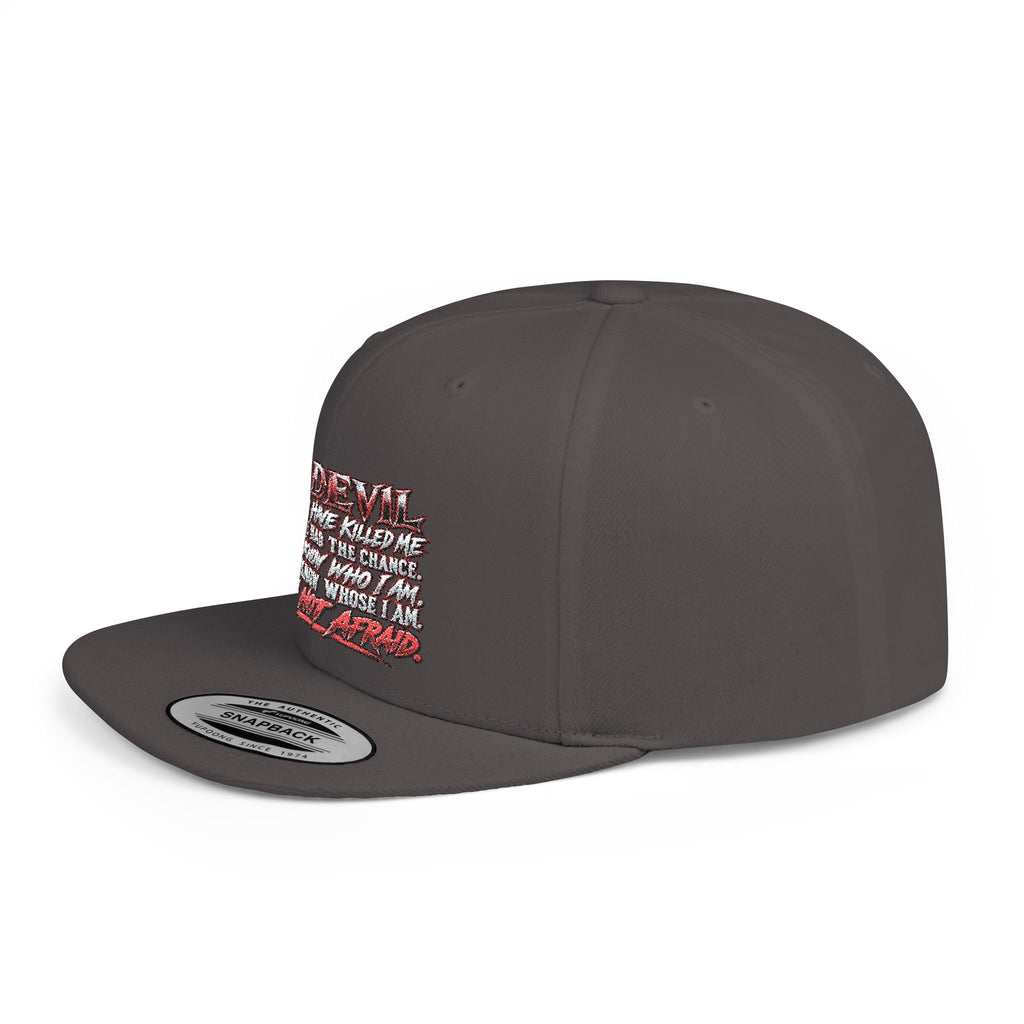 Flat Bill Snapback Hat — White Graphic 'The Devil' Script Streetwear Cap