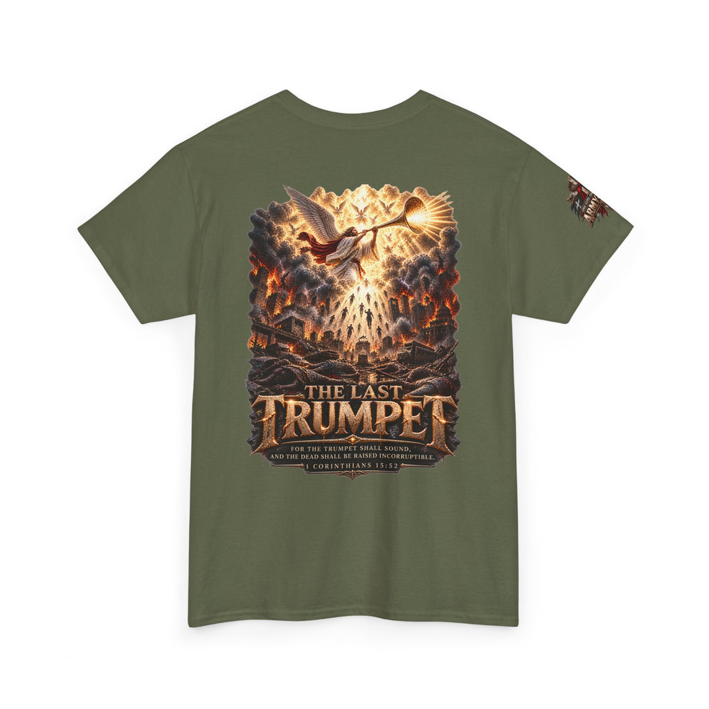 The Last Trumpet Christian T-Shirt — Chest Cross and Sleeve Patch