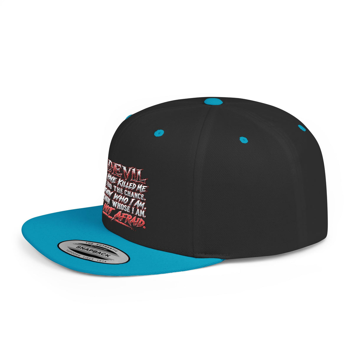 Flat Bill Snapback Hat — White Graphic 'The Devil' Script Streetwear Cap