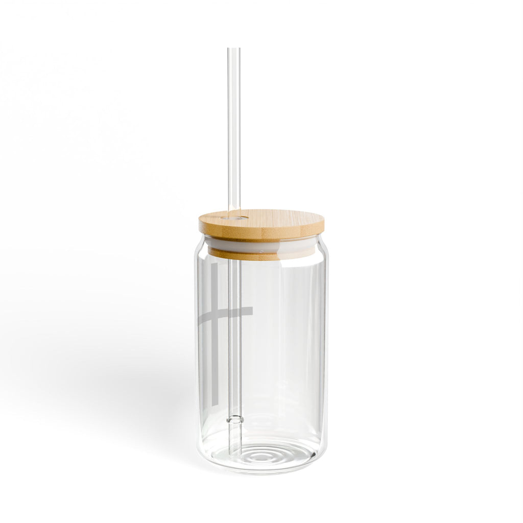 Minimalist Black Cross with Red Teardrop Sipper Glass