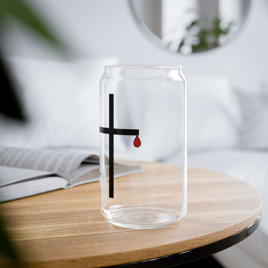 Minimalist Black Cross with Red Teardrop Sipper Glass