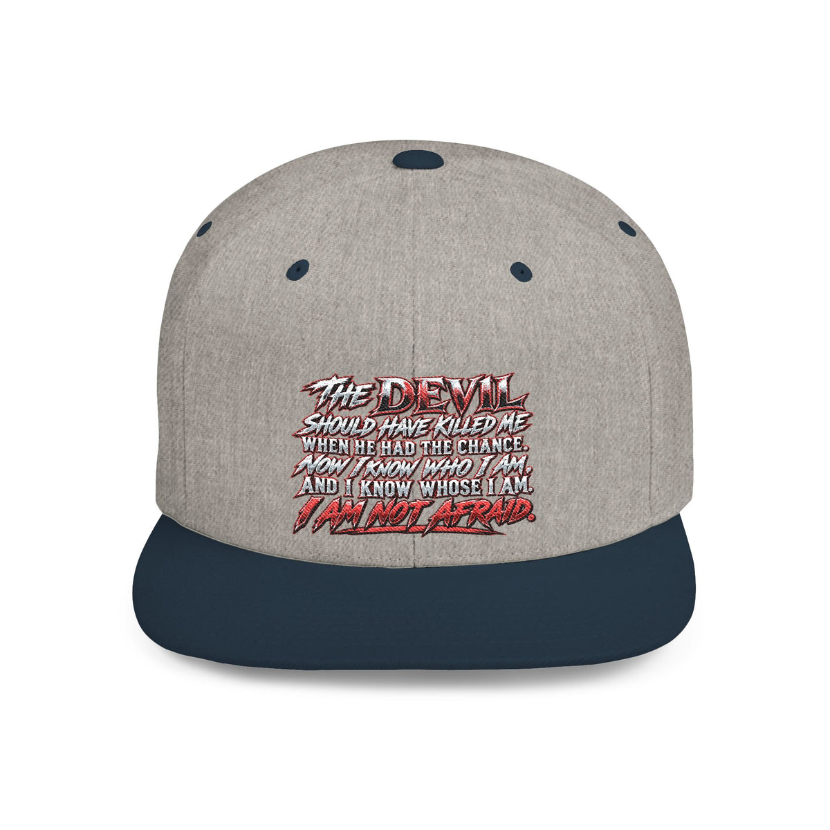 Flat Bill Snapback Hat — White Graphic 'The Devil' Script Streetwear Cap