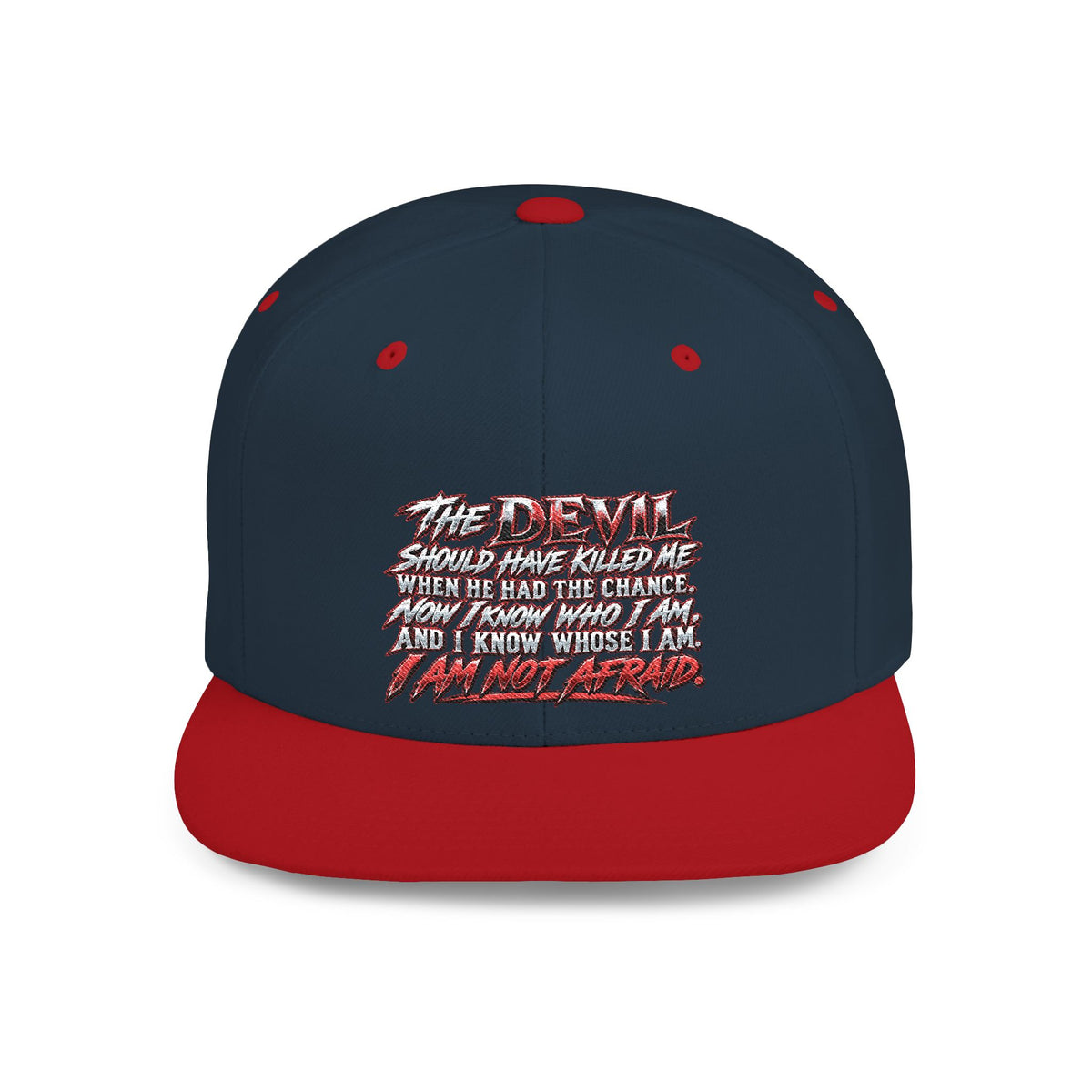 Flat Bill Snapback Hat — White Graphic 'The Devil' Script Streetwear Cap