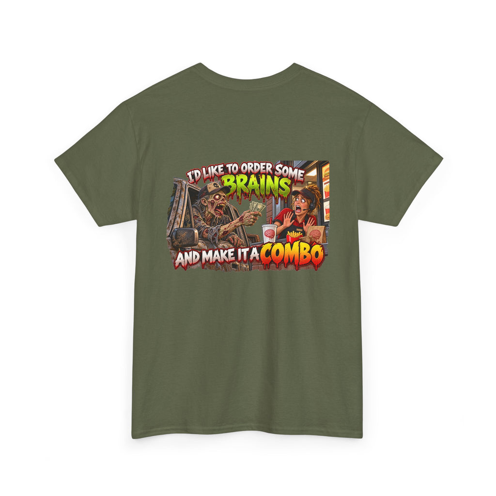 Unisex “I Like to Order Some Brains and Make It a Combo” Zombie Fast Food Graphic Tee
