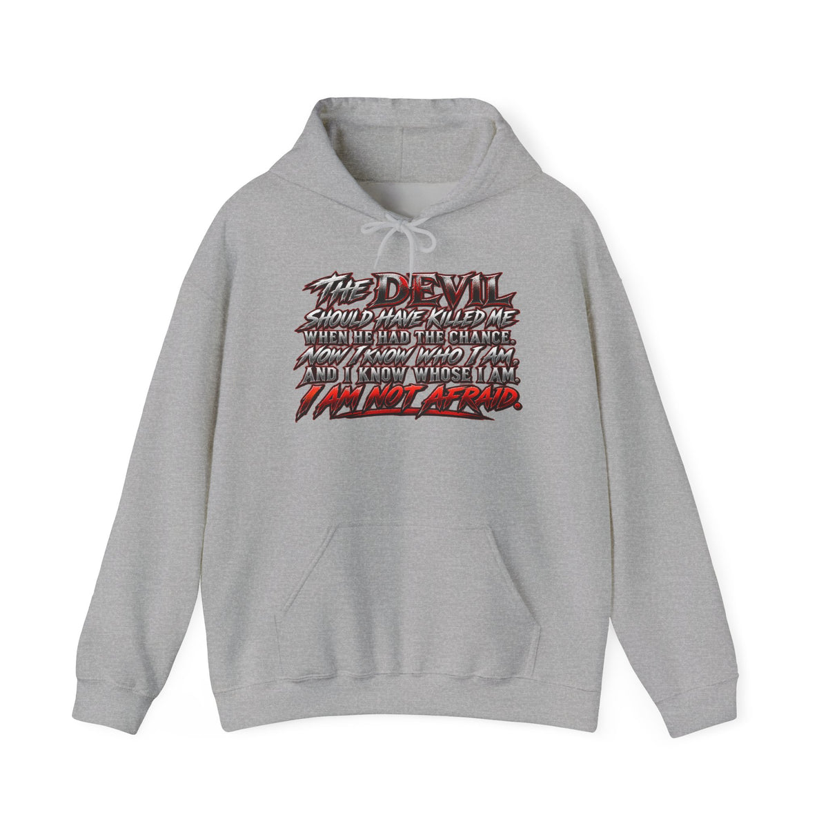 Devil Quote Graphic Hoodie — Gothic Script White Pullover