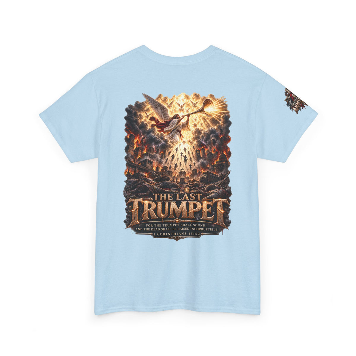 The Last Trumpet Christian T-Shirt — Chest Cross and Sleeve Patch