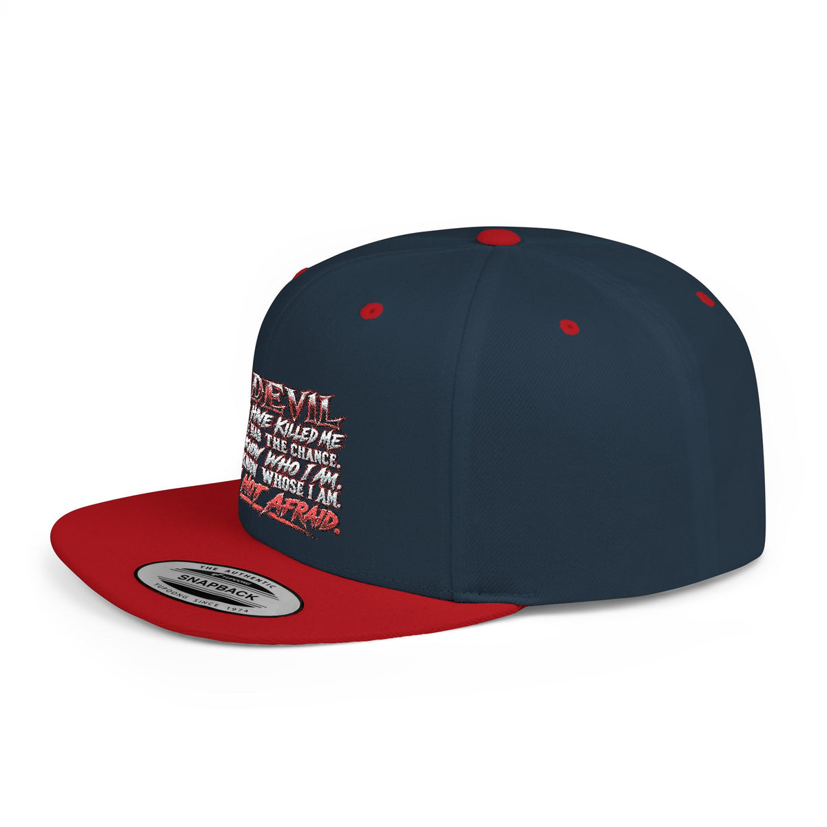 Flat Bill Snapback Hat — White Graphic 'The Devil' Script Streetwear Cap