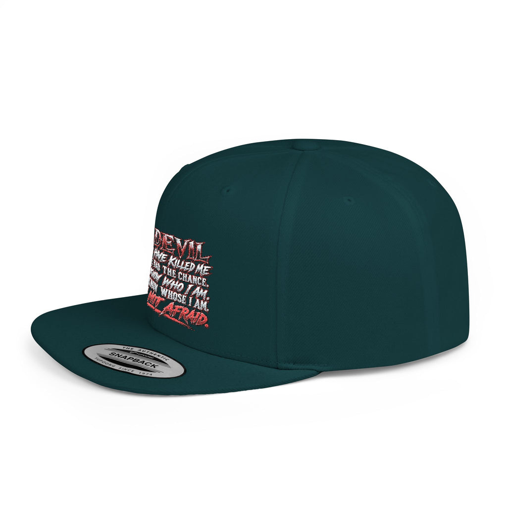 Flat Bill Snapback Hat — White Graphic 'The Devil' Script Streetwear Cap