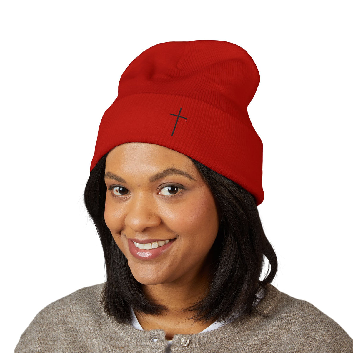 Embroidered Minimal Cross Cuffed Beanie